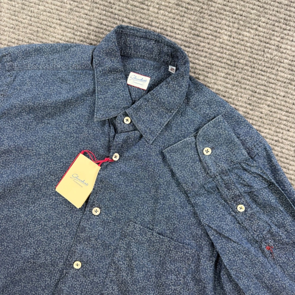 NEW Glanshirt Slowear Blue Micro Floral Cotton Button Up Shirt KURTT Men 39 15.5